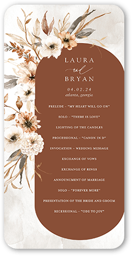 Wild Botanic Wedding Program, Orange, 4x8 Flat Program, 100% Recycled Cardstock , Rounded