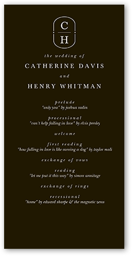 Polished Monogram Wedding Program, Black, 4x8 Flat Program, 100% Recycled Cardstock , Square, Coal