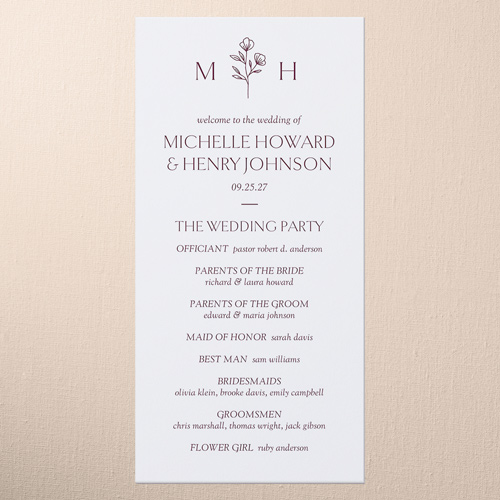Editable Icon Wedding Program, Purple, 4x8 Flat Program, Write Your Own Greeting, 100% Recycled Cardstock , Square, Merlot