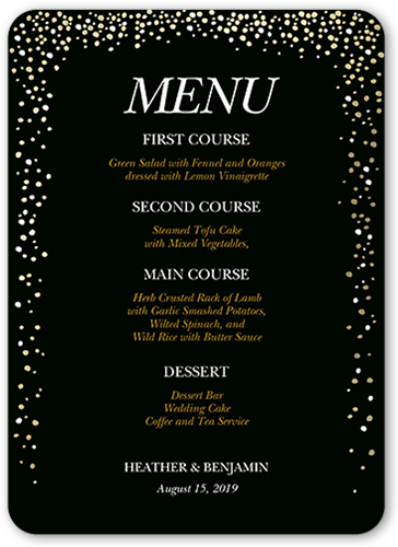 Sparkling Romance Wedding Menu, Black, 5x7 Flat Menu, 100% Recycled Cardstock , Rounded