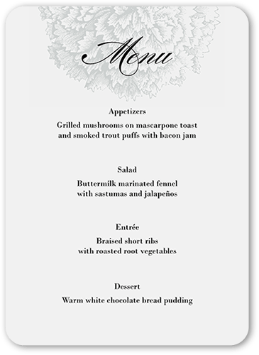 Grandeur Affair Wedding Menu, Grey, 5x7 Flat Menu, Pearl Shimmer Cardstock, Rounded, Fog