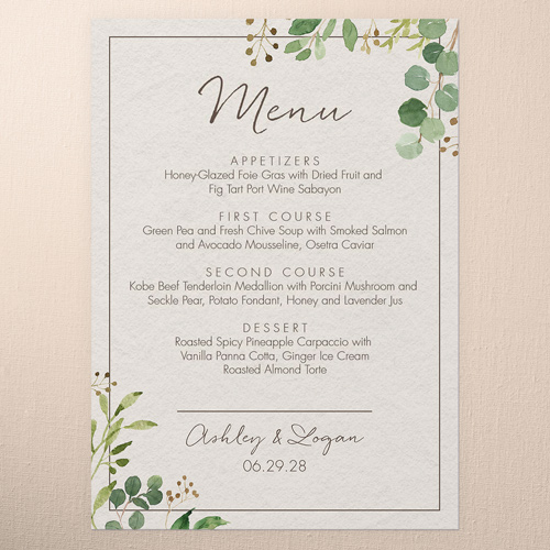 Botanical Union Wedding Menu, Beige, 5x7 Flat Menu, Pearl Shimmer Cardstock, Square