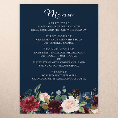 Exquisite Bouquet Wedding Menu, Blue, 5x7 Flat Menu, Luxe Double-Thick Cardstock, Square