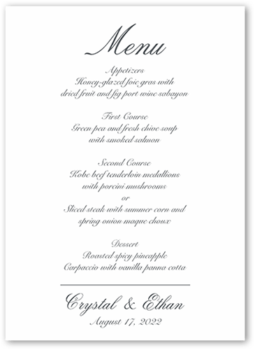 Minimal Script Wedding Menu, White, 5x7 Flat Menu, Pearl Shimmer Cardstock, Square