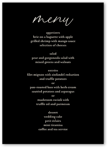 Finally Time Wedding Menu, Black, 5x7 Flat Menu, 100% Recycled Cardstock , Square