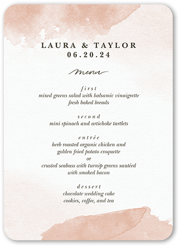 Soft Blush Wedding Menu, Beige, 5x7 Flat Menu, Pearl Shimmer Cardstock, Rounded, Pueblo