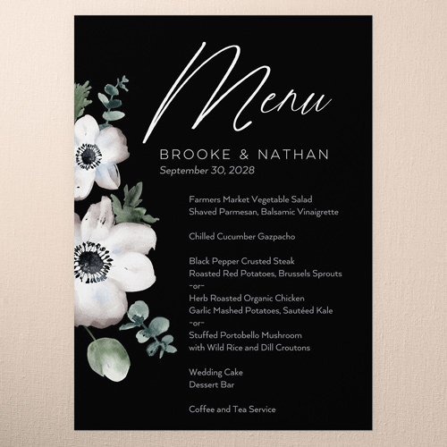 Minimal Anemone Wedding Menu, Black, 5x7 Flat Menu, Pearl Shimmer Cardstock, Square