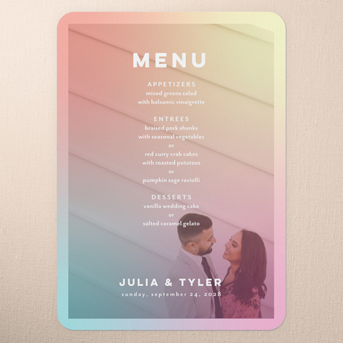 Hazy Rainbow Wedding Menu, Yellow, 5x7 Flat Menu, 100% Recycled Cardstock , Rounded