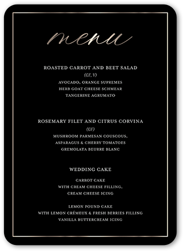 Elegantly Engaged Wedding Menu, Black, 5x7 Flat Menu, 100% Recycled Cardstock , Rounded