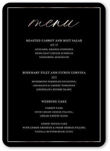 Elegantly Engaged Wedding Menu, Black, 5x7 Flat Menu, Pearl Shimmer Cardstock, Rounded