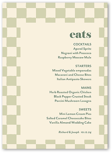 Checkerboard Chapel Wedding Menu, Green, 5x7 Flat Menu, Luxe Double-Thick Cardstock, Square, Sage