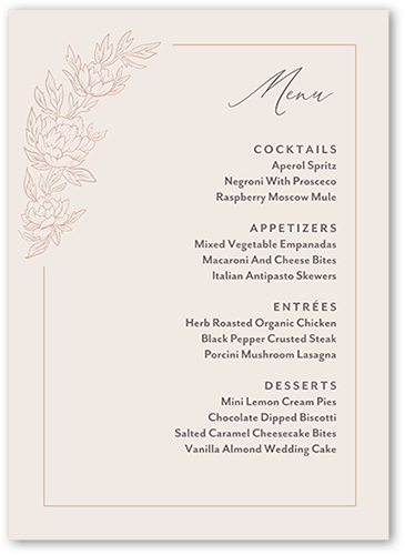 Floral Curve Wedding Menu, Pink, 5x7 Flat Menu, Pearl Shimmer Cardstock, Square