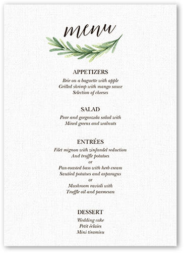Arched Greenery Wedding Menu, White, 5x7 Flat Menu, Pearl Shimmer Cardstock, Square