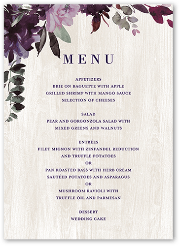 Muted Florals Wedding Menu, Purple, 5x7 Flat Menu, Matte, Signature Smooth Cardstock, Square
