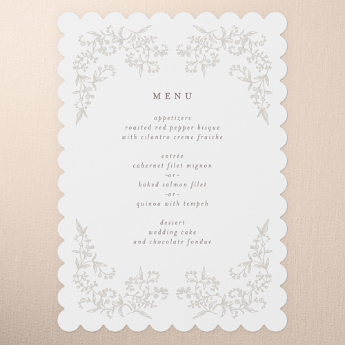 Delicate Florals Wedding Menu, White, 5x7 Flat Menu, Pearl Shimmer Cardstock, Scallop