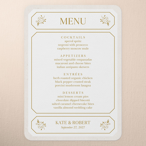 Eloquently Enclosed Wedding Menu, White, 5x7 Flat Menu, Write Your Own Greeting, Pearl Shimmer Cardstock, Rounded