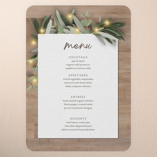 Laurel Accent Wedding Menu, Beige, 5x7 Flat Menu, Write Your Own Greeting, Pearl Shimmer Cardstock, Rounded