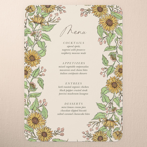 Sunflower Scenery Wedding Menu, Beige, 5x7 Flat Menu, Write Your Own Greeting, Pearl Shimmer Cardstock, Rounded, Apricot Mousse