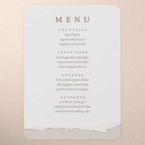 Torn Edge Wedding Menu, Beige, 5x7 Flat Menu, Write Your Own Greeting, 100% Recycled Cardstock , Rounded, Pearl