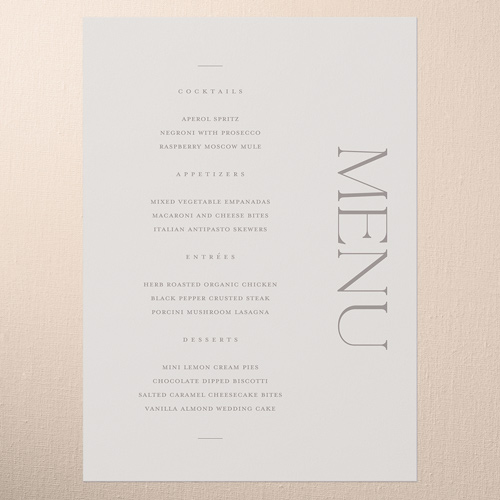 Vertical Headline Wedding Menu, Gray, 5x7 Flat Menu, Write Your Own Greeting, 100% Recycled Cardstock , Square