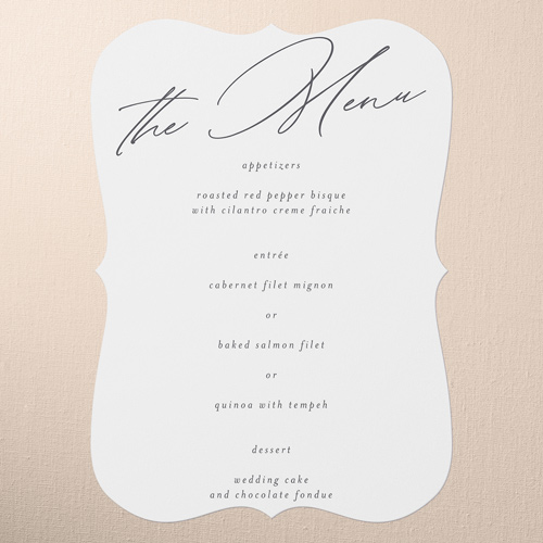 Timeless Typeface Wedding Menu, White, 5x7 Flat Menu, Pearl Shimmer Cardstock, Bracket
