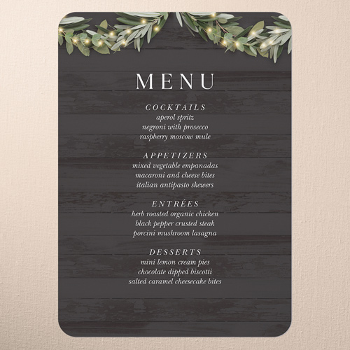 Wooden Wonders Wedding Menu, Black, 5x7 Flat Menu, 100% Recycled Cardstock , Rounded