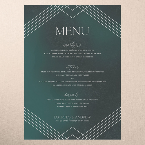 Diamond Deco Wedding Menu, Green, 5x7 Flat Menu, 100% Recycled Cardstock , Square