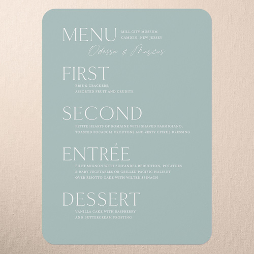 Staggered Type Wedding Menu, Green, 5x7 Flat Menu, Pearl Shimmer Cardstock, Rounded