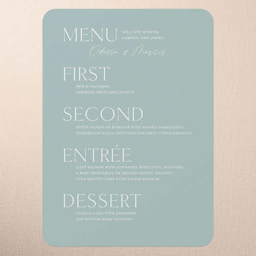 Staggered Type Wedding Menu, Green, 5x7 Flat Menu, Pearl Shimmer Cardstock, Rounded, Green