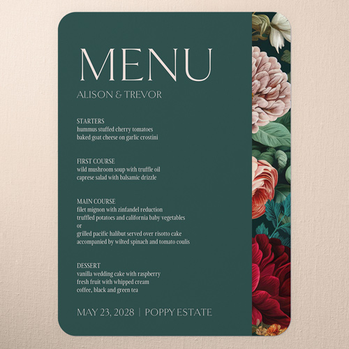 Romantic Garden Wedding Menu, Green, 5x7 Flat Menu, 100% Recycled Cardstock , Rounded, Seaweed