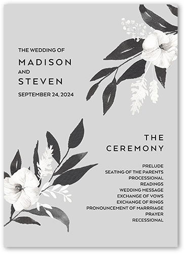 Evening Flower Wedding Program, Grey, 5x7 Flat Program, Standard Smooth Cardstock, Square