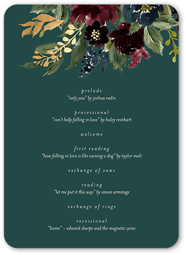 Bouquet Garland Wedding Program, Green, 5x7 Flat Program, Pearl Shimmer Cardstock, Rounded, Seaweed