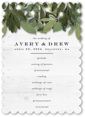 Lit Foliage Wedding Program, White, 5x7 Flat Program, Matte, Signature Smooth Cardstock, Scallop