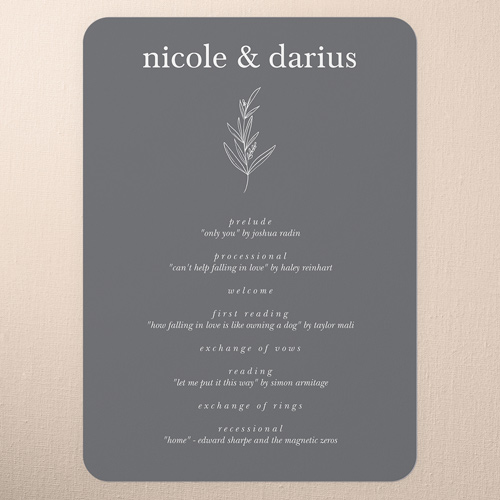 Sweet Leaf Wedding Program, Grey, 5x7 Flat Program, Standard Smooth Cardstock, Rounded, Steel