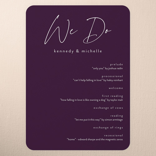 Regal We Do Wedding Program, Purple, 5x7 Flat Program, Pearl Shimmer Cardstock, Rounded