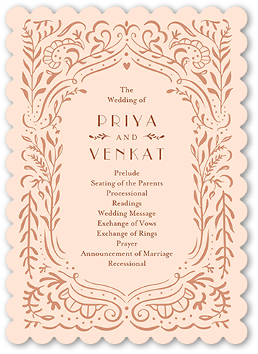 Wonderful Weave Wedding Program, Pink, 5x7 Flat Program, Pearl Shimmer Cardstock, Scallop