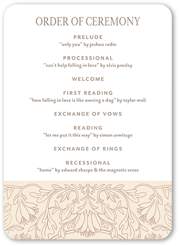 Newlywed Nouveau Wedding Program, White, 5x7 Flat Program, Pearl Shimmer Cardstock, Rounded, Almond