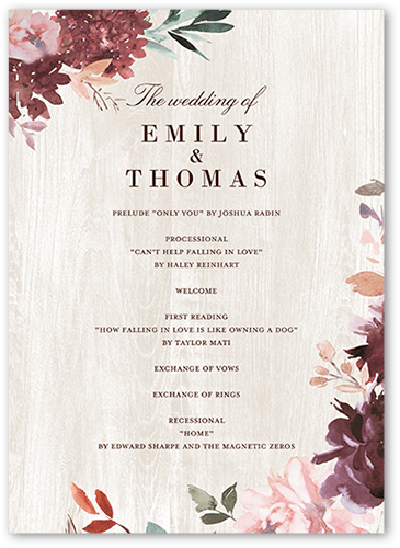 Muted Florals Wedding Program, Red, 5x7 Flat Program, Matte, Signature Smooth Cardstock, Square