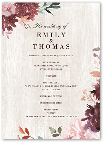 Muted Florals Wedding Program, Red, 5x7 Flat Program, Pearl Shimmer Cardstock, Square