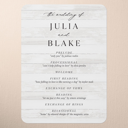 Wooden Wonders Wedding Program, White, 5x7 Flat Program, Standard Smooth Cardstock, Rounded