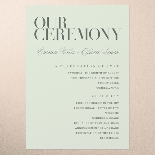 Serene Simplicity Wedding Program, Green, 5x7 Flat Program, Pearl Shimmer Cardstock, Square