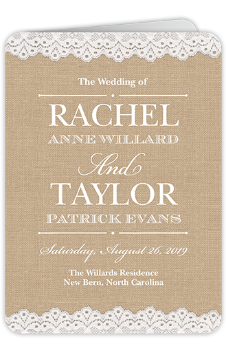 Burlap And Lace Wedding Program, Beige, 5x7, Pearl Shimmer Cardstock, Rounded