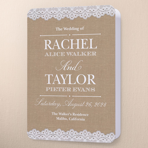 Burlap And Lace Wedding Program, Beige, 5x7, Matte, Folded Smooth Cardstock, Rounded