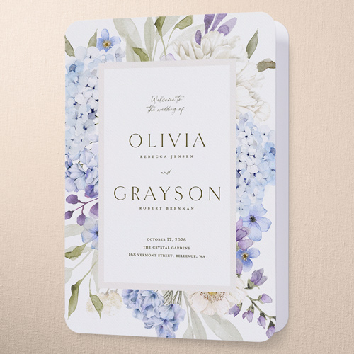 Hydrangea Highlight Wedding Program, Blue, 5x7, Pearl Shimmer Cardstock, Rounded