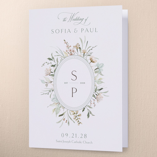 Monogram Bouquet Wedding Program, White, 5x7, Pearl Shimmer Cardstock, Square, White