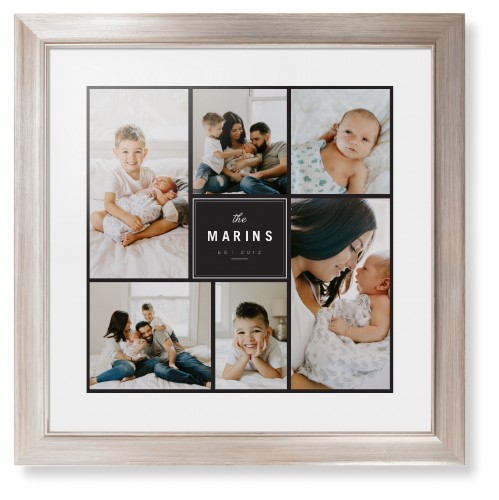 Contemporary Family Collage Framed Print, Metallic, Modern, White, White, Single piece, 16x16, Blue