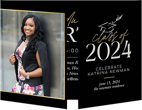 Classy Chic Graduation Invitation, Black, Gate Fold, Pearl Shimmer Cardstock, Square