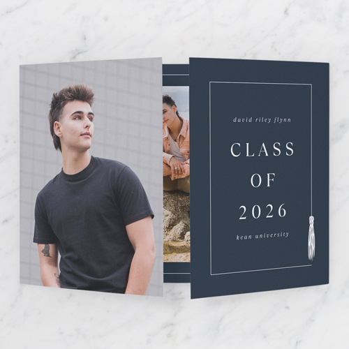 Traditional Tassel Graduation Announcement, Blue, Gate Fold, Pearl Shimmer Cardstock, Square, Navy