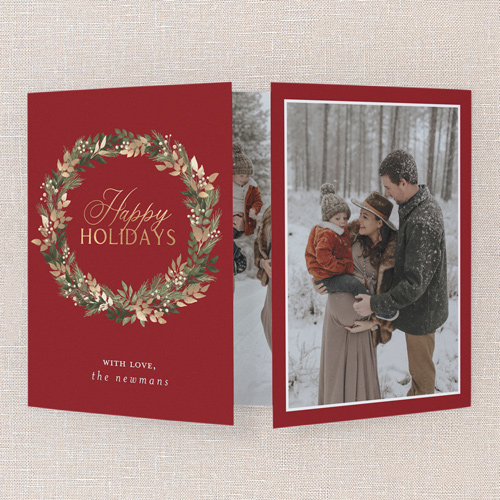 Wreath Embrace Holiday Card, Red, Gate Fold, Holiday, Matte, Folded Smooth Cardstock, Square, Apple
