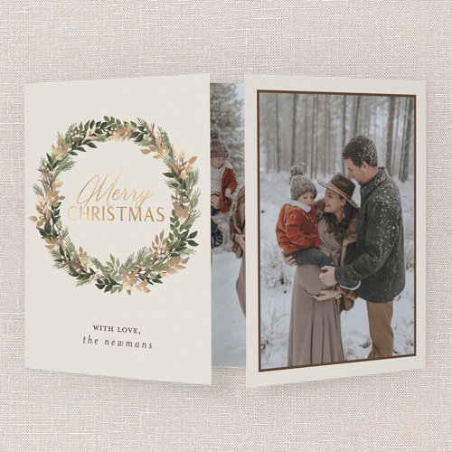 Wreath Embrace Holiday Card, Beige, Gate Fold, Christmas, Pearl Shimmer Cardstock, Square, Cream